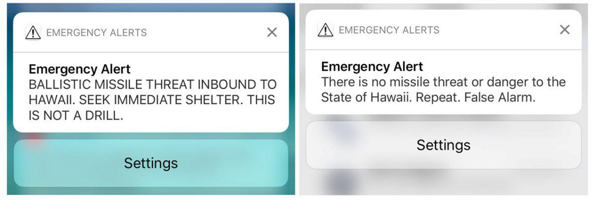 A combination photograph shows screenshots from a cell phone displaying an alert for a ballistic missile launch and the subsequent false alarm message in Hawaii Jan. 13, 2018. Reuters/Hugh Gentry)