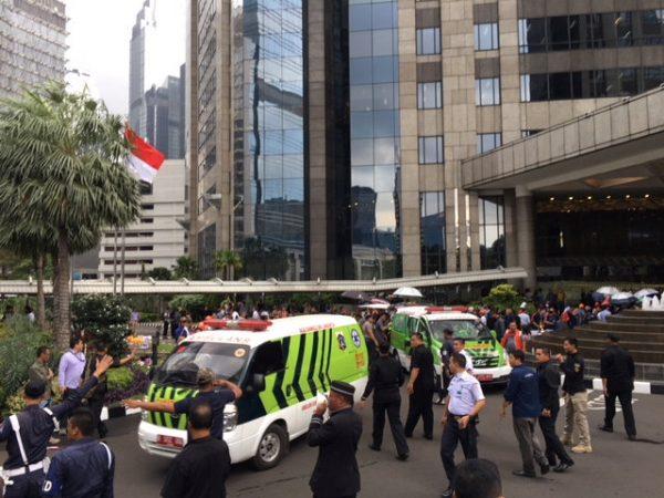 Ambulances are seen following reports of a collapsed structure inside the Indonesian Stock Exchange building in Jakarta, Indonesia, Jan. 15, 2018. (Reuters/Darren Whiteside)