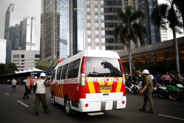 An ambulance arrives at the Indonesian Stock Exchange Jan. 15, 2018. (Reuters/Darren Whiteside)