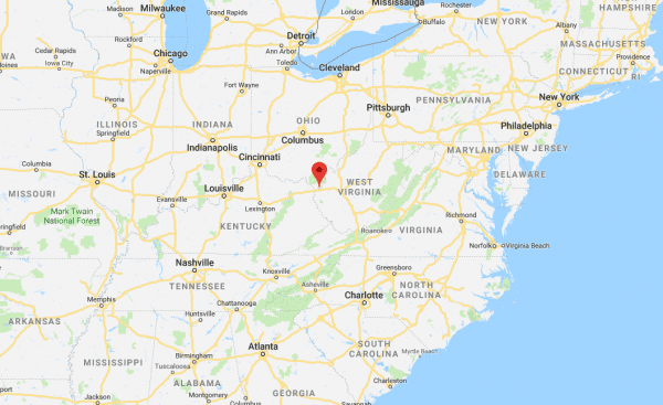 A red marker indicates the location of Huntington, West Virginia. (Screenshot/GoogleMaps)