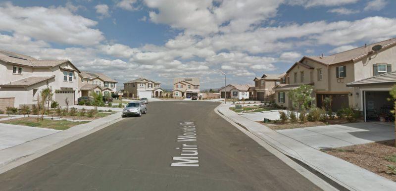The 100 Block of Muir Woods Road in Perris, California. (Screenshot via Google Street View)