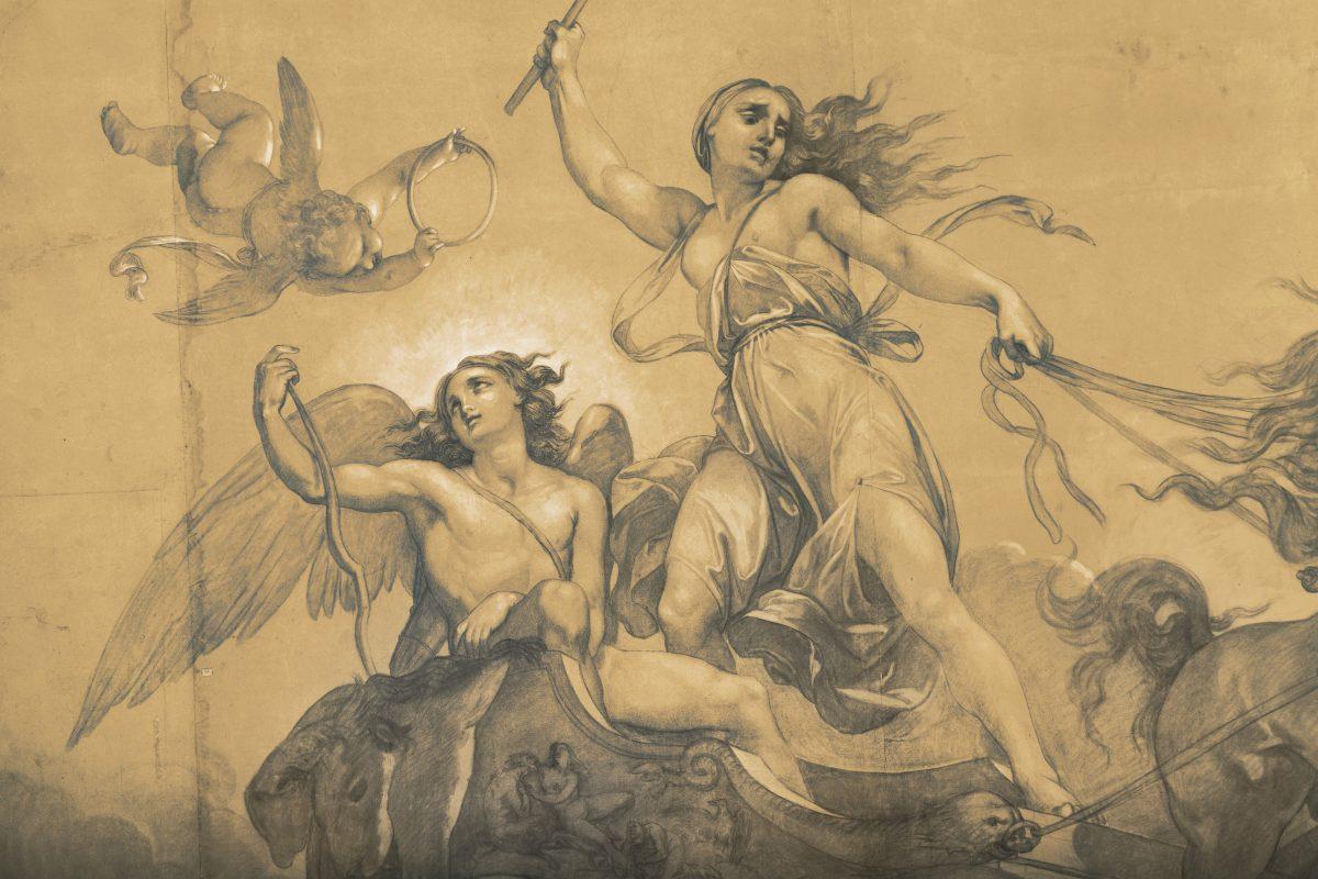 Detail of "<span class="s1">Folly Driving the Chariot of Love</span>," 1848, by Giuseppe Bezzuoli (1784–1855). Charcoal, gray wash, highlighted with white bodycolor, on four sheets of light brown paper, 135 3/4 inches by 189 1/2 inches. (Christie's)