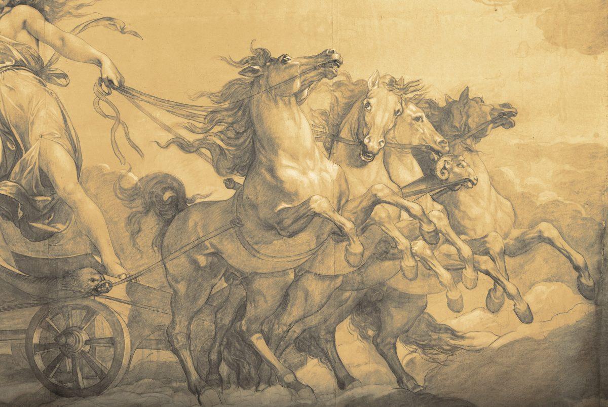Detail of "<span class="s1">Folly Driving the Chariot of Lov</span>e," 1848, drawing by Giuseppe Bezzuoli (1784–1855). Charcoal, gray wash, highlighted with white bodycolor, on four sheets of light brown paper, 135 3/4 inches by 189 1/2 inches. (Christie's)