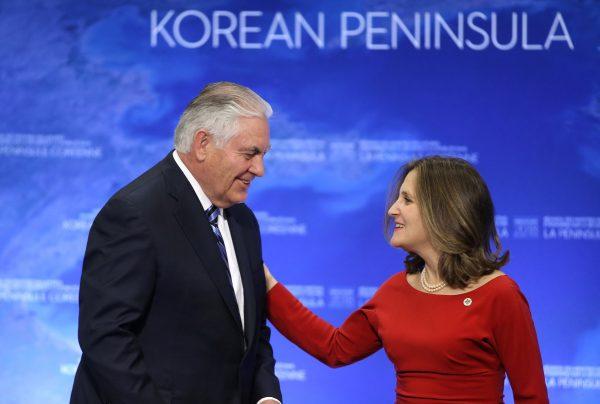 U.S. Secretary of State Rex Tillerson speaks with Canada’s Minister of Foreign Affairs Chrystia Freeland during the Foreign Ministers’ Meeting on Security and Stability on the Korean Peninsula in Vancouver, Canada, January 16, 2018. (Reuters/Ben Nelms)
