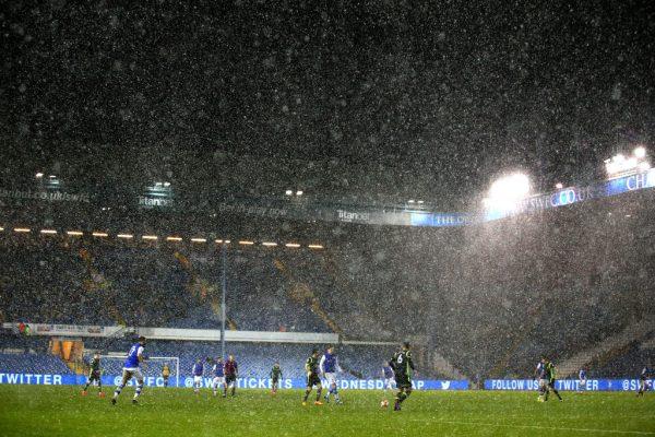 Snowy conditions during The Emirates FA Cup Third Round Replay match between Sheffield Wednesday and Carlisle United at Hillsborough on Jan. 16, 2018 in Sheffield, England. (Alex Livesey/Getty Images)