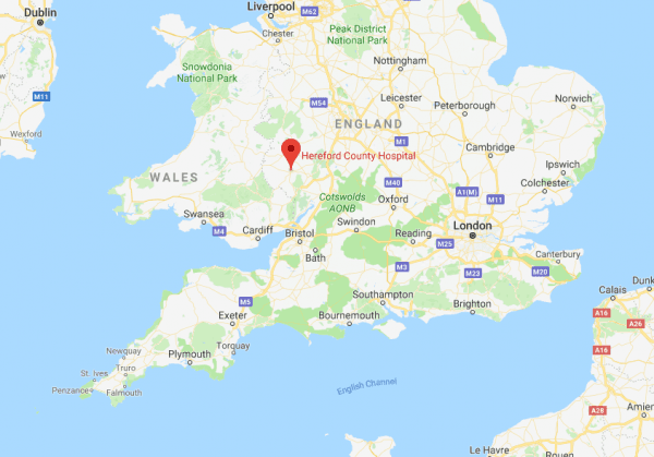 Location of Hereford County Hospital in the UK. (Screenshot via Google Maps)