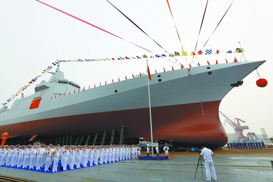 In this photo released by China’s People’s Liberation Army Navy (PLAN), the first Type 055 destroyer (classified by Western sources as a cruiser) is being launched in Shanghai’s Jiangnan Shipyard on June 28, 2017. China is reportedly building at least 5, and possibly up to eight, Type 055s. (PLAN)