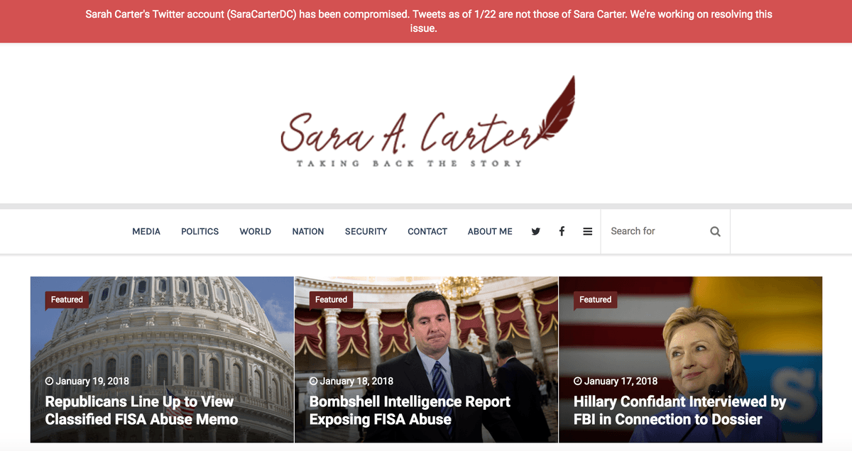 Twitter Account of National Security Reporter Sara Carter Hacked