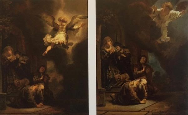 “The Angel Raphael Leaves Tobias and His Family,” the Rembrandt original on the left, Ferdinand Bol’s 1637–38 copy on the right. (Public Domain)