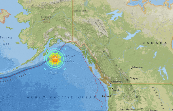 The 8.2 earthquake hit 256 km (157 miles) southeast of Chiniak, Alaska at a depth of 10 km at 09:31 GMT on Tuesday, the U.S. Geological Survey said. (Screenshot via USGS)