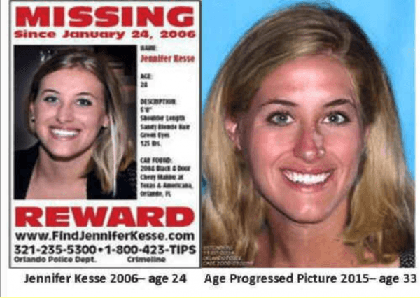 A missing poster showing Jennifer Kesse near the time of her disappearance (L) and an age-progressed picture showing what she might look like in 2015, at age 33. (Photo via jenniferkesse.com)