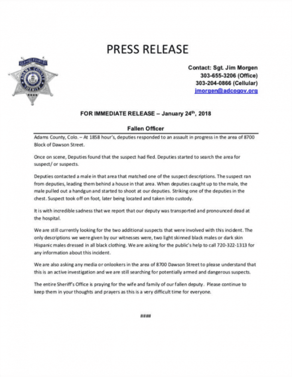The press release detailing the incident, in which an Adams County Sheriff's Deputy was shot and killed on Wednesday, Jan. 24. (Adams County Sheriff's Department)