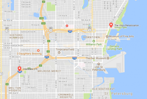 Vinoy Renaissance St. Petersburg Resort & Golf Club (L) and the I-275 ramp at 28th St. S in St. Petersburg, Fla. (Screenshot via Google My Maps)