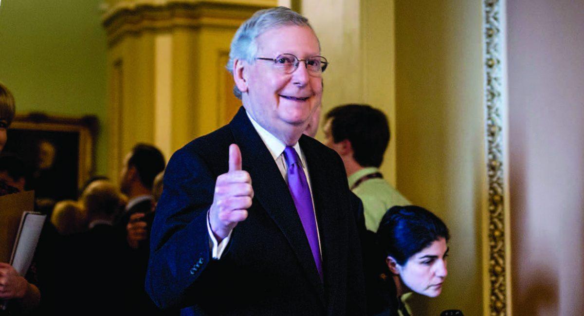 Senate Majority Leader Mitch McConnell (R– Ky.) on Capitol Hill after the Senate voted to advance a bill financing the government on Jan. 22. (BRENDAN SMIALOWSKI/AFP/GETTY IMAGES)