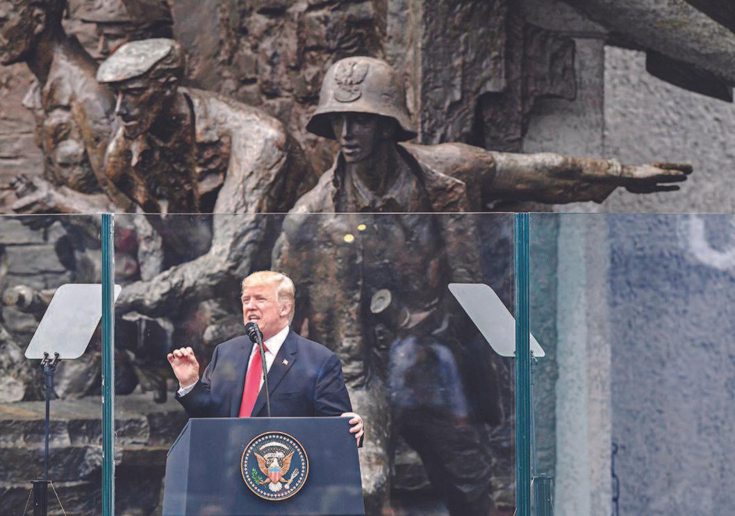 President Donald Trump gives a speech in front of the Warsaw Uprising Monument on Krasinski Square in Warsaw, Poland, on July 6, 2017. (JANEK SKARZYNSKI/AFP/GETTY IMAGES)