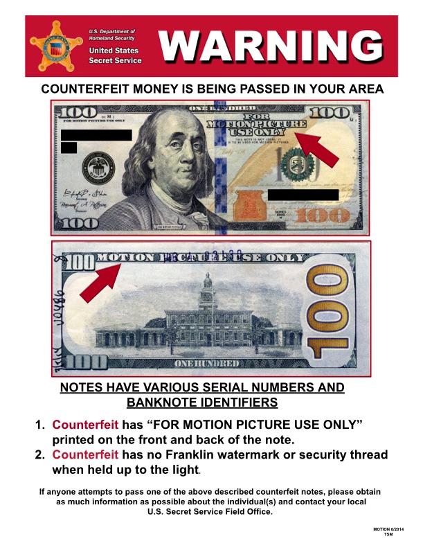 A flyer from Homeland Security that El Paso police have put out to warn people about movie money being used in the city. (El Paso Police)