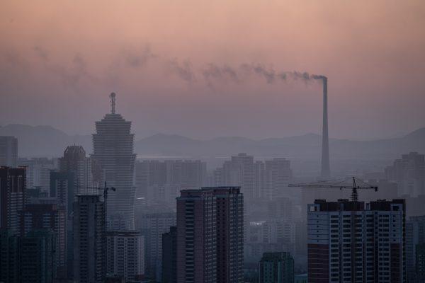 The chimney of a power station amid the Pyongyang city skyline, North Korea, on February 17, 2017. (Ed Jones/AFP/Getty Images)