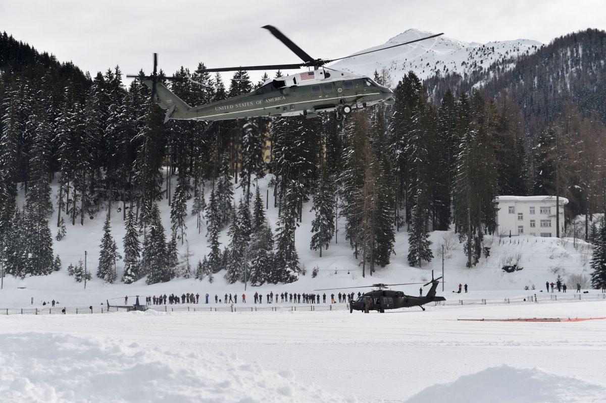 Marine One carrying President Trump comes in to land in the Alpine village of Davos, on Jan. 25, 2018. (NICHOLAS KAMM/AFP/Getty Images)