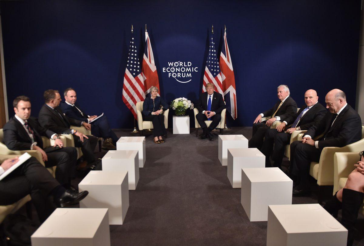 President Trump and Britain's Prime Minister Theresa May hold a bilateral meeting along with delegates on the sidelines of the WEF in Davos, on Jan. 25, 2018. (NICHOLAS KAMM/AFP/Getty Images)