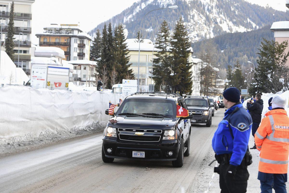 President Trump’s convoy arrives at the congress palace at the WEF in Davos, on Jan. 26, 2018. (MIGUEL MEDINA/AFP/Getty Images)