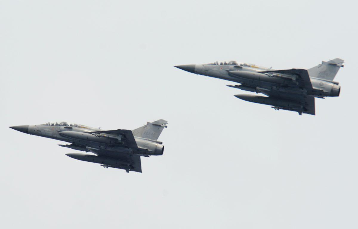 Taiwan’s French-made Mirage fighters during a drill on May 16, 2013. Taiwan worries that China’s activation of a controversial air route near the centerline of the Taiwan Strait would jeopardize aviation safety and also Taiwan’s national security. (Same Yeh /AFP/Getty Images)