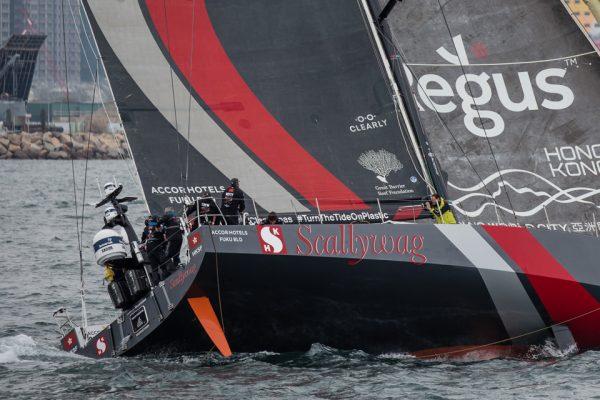Sun Hung Kai/Scallywag winner of Leg 4 from Melbourne Australia to its home port of Hong Kong in the Volvo Ocean Race - Victoria Harbour, Hong Kong, on Jan 19, 2018. Seen here racing in the in-port race on Saturday Jan 27. (Dan Marchant)