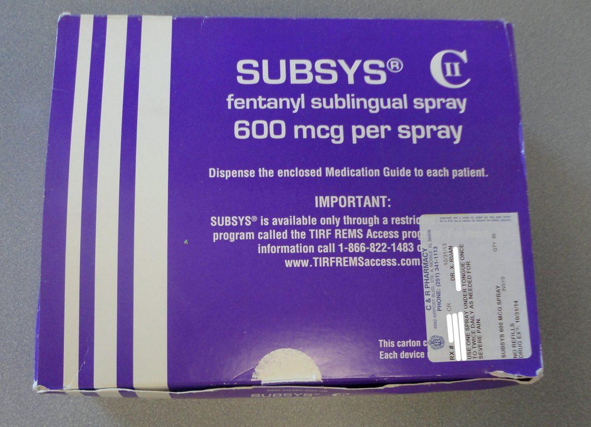 A box of the Fentanyl-based drug Subsys, made by Insys Therapeutics Inc, appears in an undated photograph provided by the U.S. Attorney's Office for the Southern District of Alabama. (U.S. Attorney's Office for the Southern District of Alabama/via Reuters)