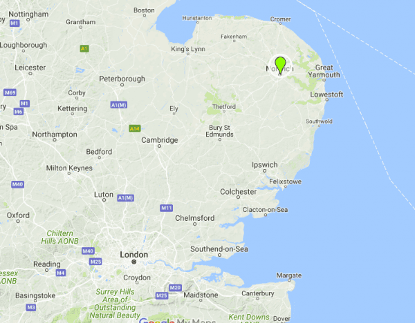 The city of Norwich in East Anglia. (Screenshot via GoogleMaps)