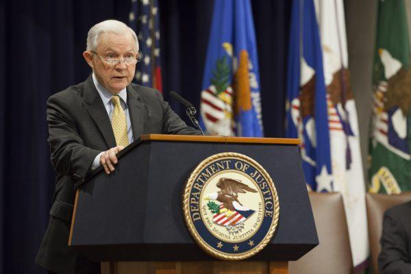 Attorney General Jeff Sessions at the Department of Justice Human Trafficking Summit in Washington on Feb. 2, 2018. (Charlotte Cuthbertson/The Epoch Times)