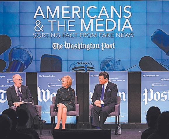 (L–R) Dan Balz, Washington Post chief correspondent; Judy Woodruff, anchor and managing editor of PBS “NewsHour;” and Bret Baier, chief political anchor at Fox News, participate in a discussion on “Americans and the Media: Sorting Fact from Fake News” in Washington on Jan. 23. (WIN MCNAMEE/GETTY IMAGES)