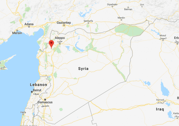 The approximate area where a Russian jet was reportedly shot down near Idlib, Syria. (Screenshot via Google Maps)