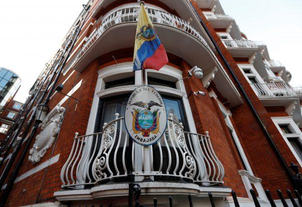 A flag flies outside Ecuador's embassy in London, Britain, Feb. 6, 2018. (Reuters/Peter Nicholls)