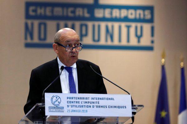 French Foreign Affairs Minister Jean-Yves Le Drian delivers a speech during a foreign ministers’ meeting on the International Partnership against Impunity for the Use of Chemical Weapons, in Paris, France, Jan. 23, 2018. (Reuters/Philippe Wojazer)