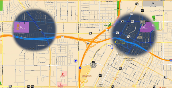 The areas of two shootings in Las Vegas on Jan. 29, 2018, one near Rancho Drive and West Washington Avenue, the other near North Veterans Memorial Drive and North Las Vegas Boulevard. (Las Vegas Metro Police Department)