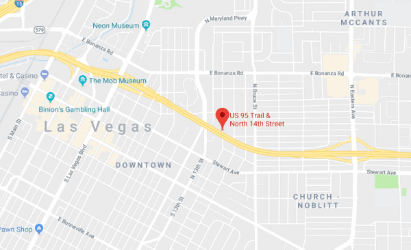 The area of US-95 and North 14th Street in Las Vegas where a homeless man was shot dead on Feb. 2, 2018. (Screenshot via Google Maps)