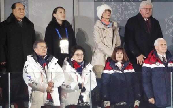 President of South Korea Moon Jae-in, his wife Kim Jung-Sook, President of the Presidium of the Supreme People’s Assembly of North Korea Kim Young Nam, Kim Yo Jong, the sister of North Koreas leader Kim Jong Un, German President Frank-Walter Steinmeier and U.S. Vice President Mike Pence during the opening ceremony of the Pyeongchang 2018 Winter Olympics in the Pyeongchang Olympic Stadium, Pyeongchang, South Korea, on Feb. 9, 2018. (Reuters/Kim Kyung-Hoon)