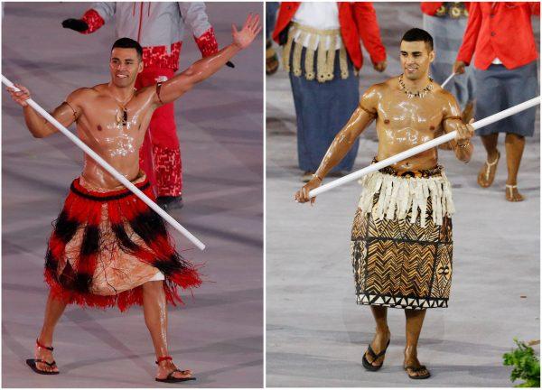 Pita Taufatofua of Tonga carries his country's flag during the Pyeongchang 2018 Winter Olympics' opening ceremony and the Rio 2016 Summer Olympics' opening ceremony. (Reuters/Eric Gaillard/Stoyan Nenov)
