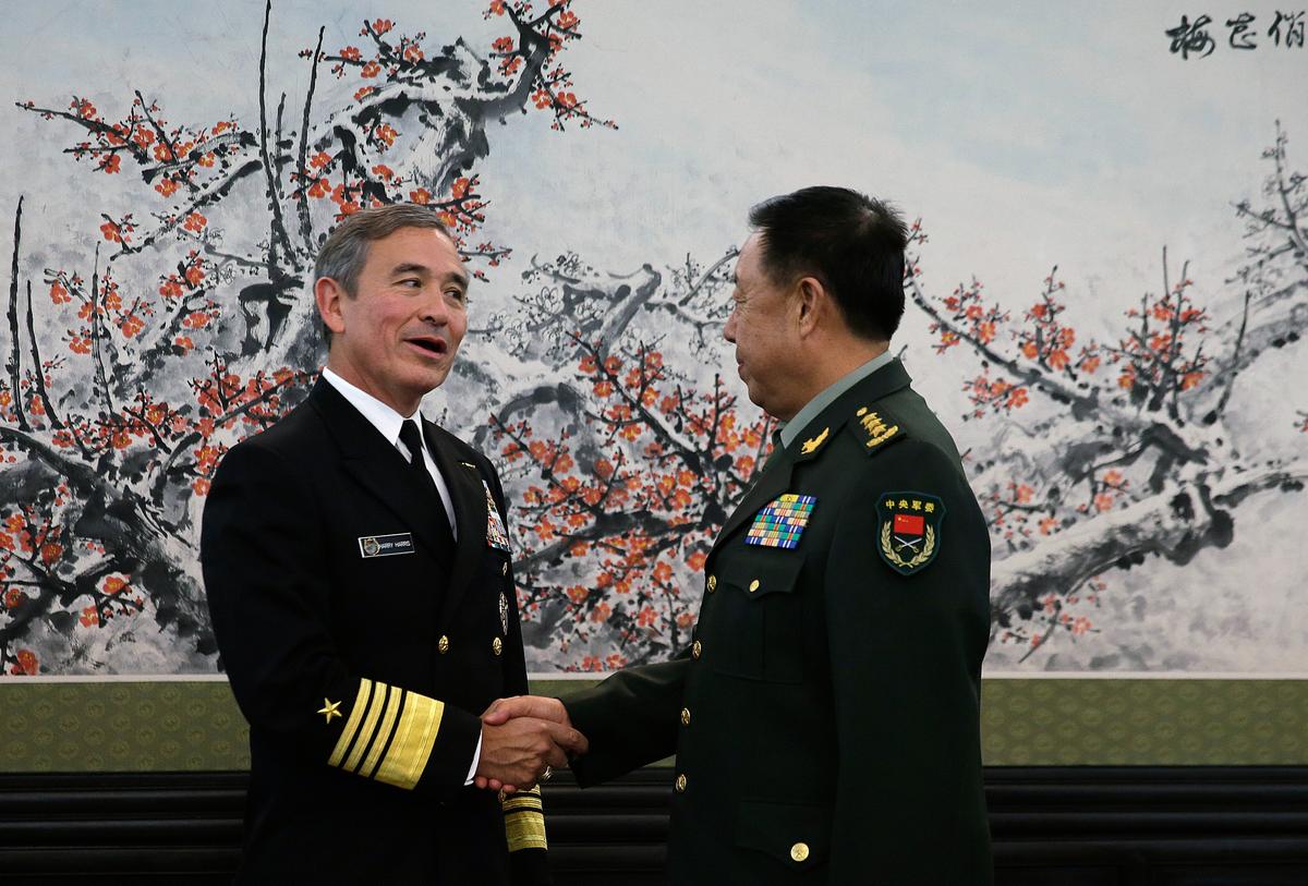 Adm. Harry B. Harris, Jr., U.S. Navy Commander, U.S. Pacific Command, left, shades hands with Fan Changlong, vice-chairman of China's Central Military Commission before their meeting at the Bayi Building on Nov. 3, 2015 in Beijing, China. (Andy Wong - Pool /Getty Images)