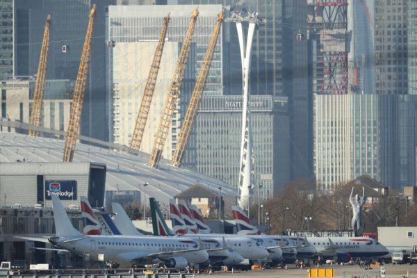 Planes are grounded as London City Aiport is closed after an unexploded 500kg World War Two bomb was found at George V Dock in the River Thames on February 12, 2018 in London, England. (Dan Kitwood/Getty Images)