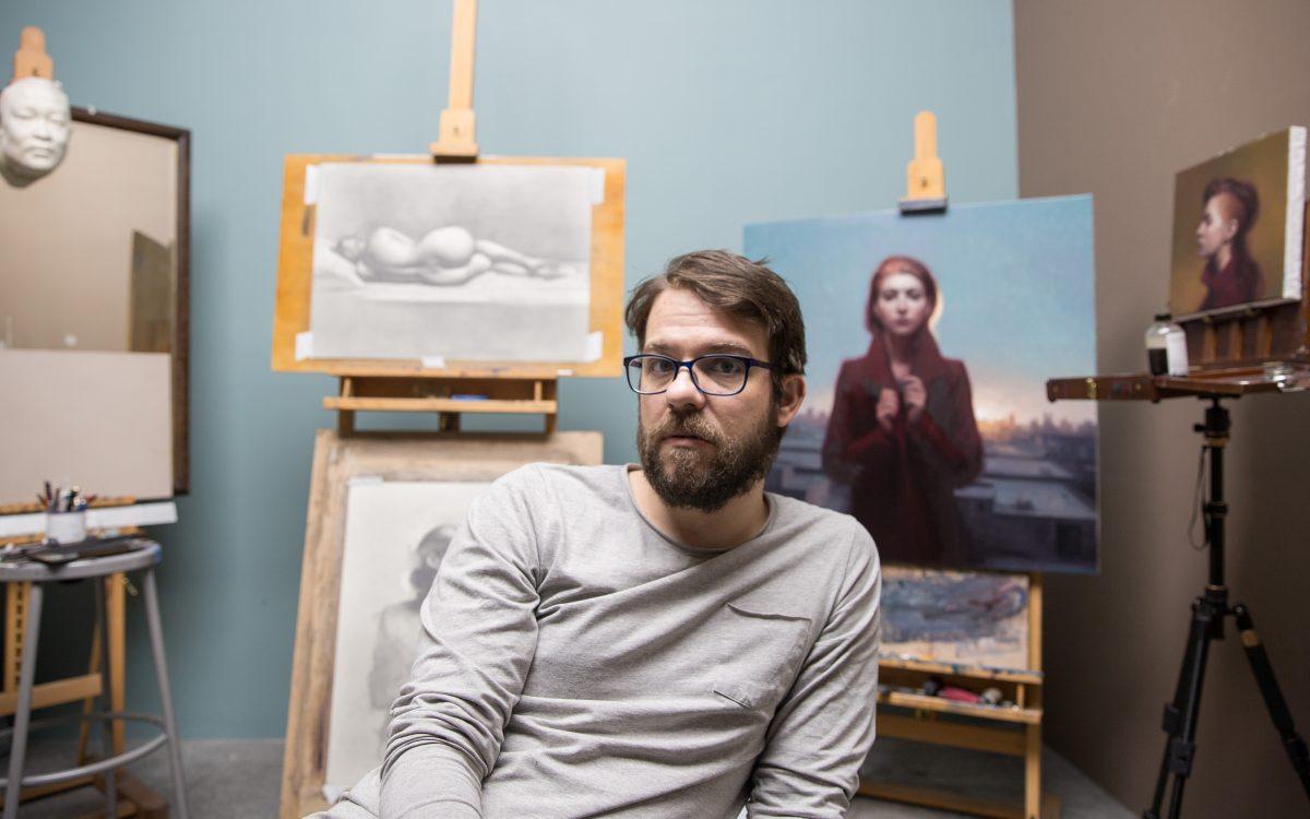 Artist Stephen Bauman in his studio at The Florence Academy of Art–U.S.<br/>on January 18, 2018. (Milene Fernandez/The Epoch Times)