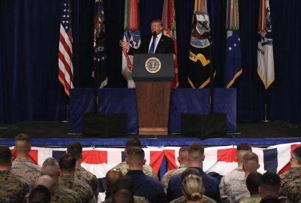 U.S. President Donald Trump delivers remarks on Americas military involvement in Afghanistan at the Fort Myer military base on Aug. 21, 2017 in Arlington, Virginia. Trump announced a modest increase in troop levels in Afghanistan, the result of a growing concern by the Pentagon over setbacks on the battlefield for the Afghan military against Taliban and al-Qaeda forces. (Mark Wilson/Getty Images)