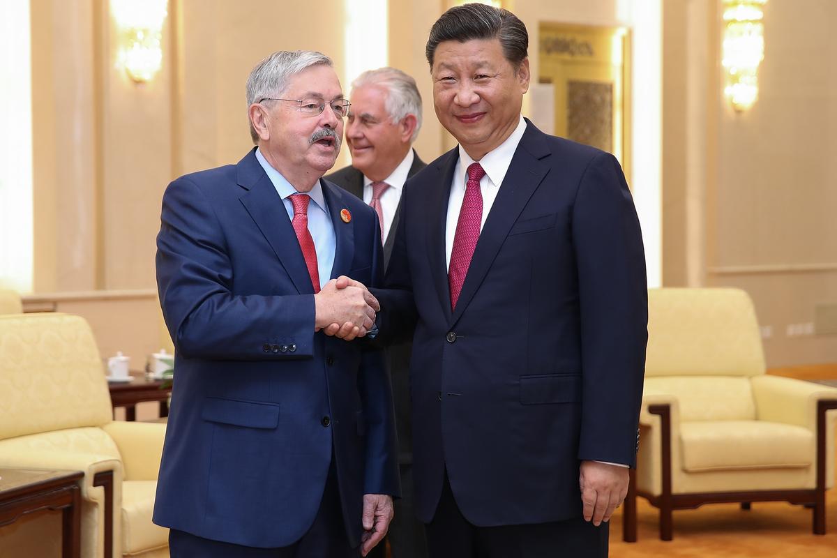  U.S. Ambassador Terry Edward Branstad (L) shakes hands with Chinese leader Xi Jinping at the Great Hall of the People in Beijing on September 30, 2017. (Lintao Zhang/AFP/Getty Images)