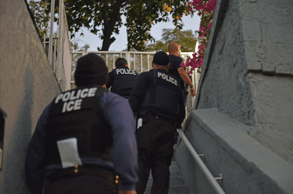 Immigration officers during a targeted enforcement operation in Los Angeles on Feb. 11, 2018. (ICE)