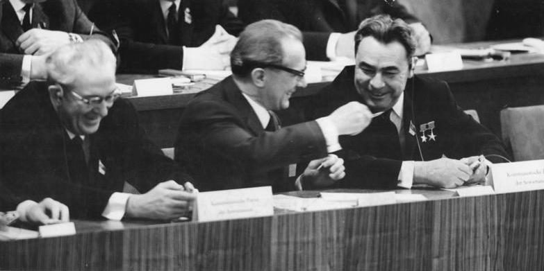 Yuri Andropov (L), former General Secretary of the Soviet Union, sits alongside other communist leaders in Berlin on April 17, 1967. Andropov allegedly pushed to create pedophile rings in the West to use for blackmail. (German Federal Archives)