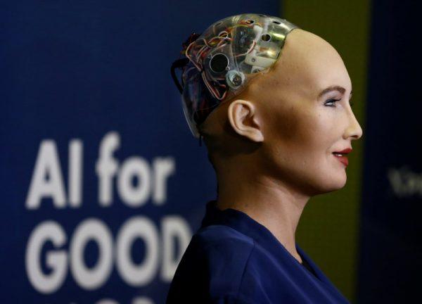 Sophia, a robot integrating the latest technologies and artificial intelligence developed by Hanson Robotics, is pictured during a presentation at the "AI for Good" Global Summit at the International Telecommunication Union (ITU) in Geneva, Switzerland, on June 7, 2017. (Reuters/Denis Balibouse)