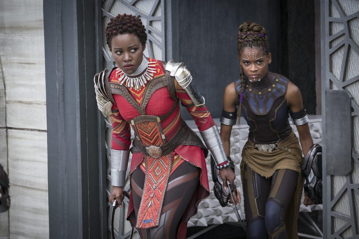 (L–R) Nakia (Lupita Nyong'o) and Shuri (Letitia Wright) in “Black Panther.” (Matt Kennedy/Marvel Studios)