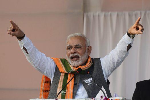 Indian Prime Minister Narendra Modi gestures during a Bharatiya Janata Party (BJP) public rally in Agartala, India, on Feb. 15, 2018. (Arindam Dey/AFP/Getty Images)