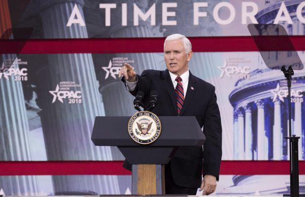 Vice President Mike Pence speaks during CPAC 2018 in National Harbor, Md., on Feb. 22, 2018. (Samira Bouaou/The Epoch Times)