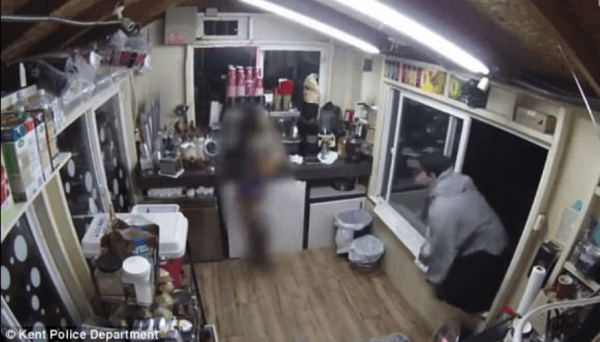 Surveillance footage of an attack on a barista at Hottie Shots Espresso in Kent, Washington, on Feb. 20, 2018. (Kent Police Department)