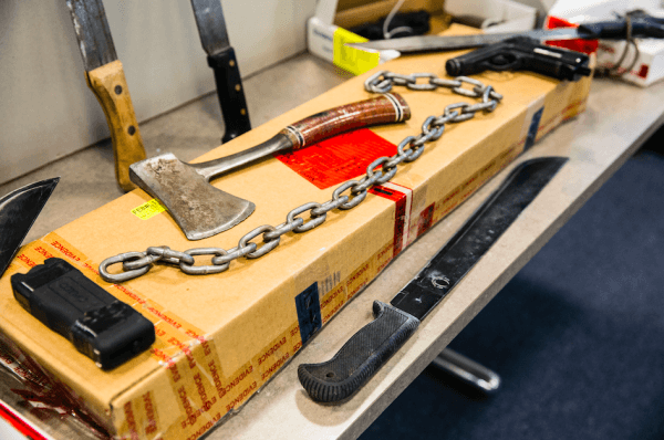 Weapons used by alleged MS-13 gang members named in an indictment that includes eight attempted murders, in Nassau County, Long Island, N.Y., on June 15, 2017. (Samira Bouaou/The Epoch Times)
